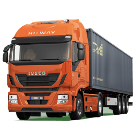 Orange truck carrying a container