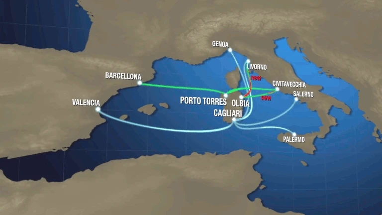 Map of ferry routes for Sardinia
