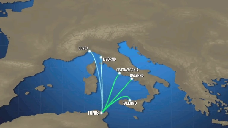 Map of ferry routes for TUNISIA