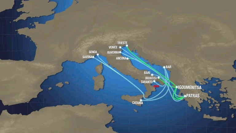 Map of ferry routes for Greece–Italy